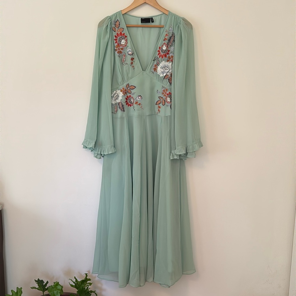 ASOS Sage Green Embroidered V-Neck Maxi Dress
